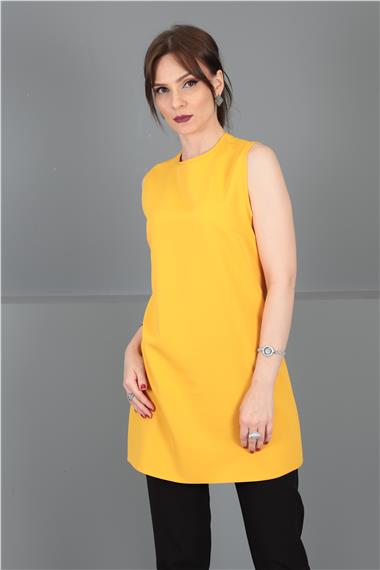 Sıfır Yaka Kolsuz Bluz-Hardal
