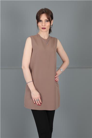 Sıfır Yaka Kolsuz Bluz-Kahve