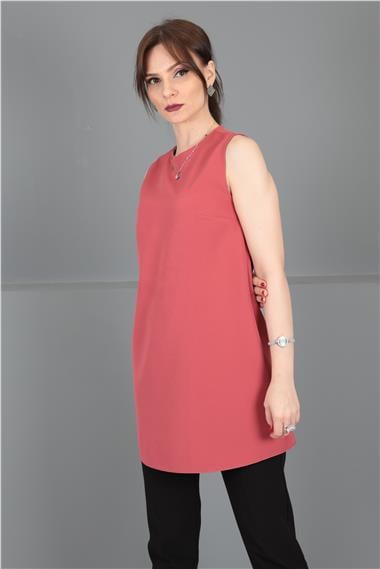 Sıfır Yaka Kolsuz Bluz-Kiremit