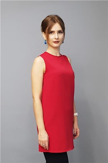 Sıfır Yaka Kolsuz Bluz- Kırmızı