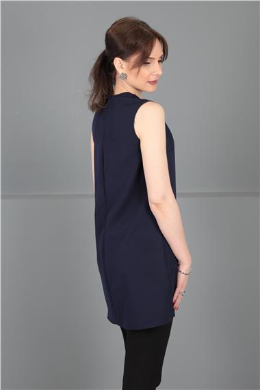 Sıfır Yaka Kolsuz Bluz- Lacivert