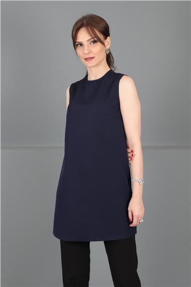 Sıfır Yaka Kolsuz Bluz- Lacivert