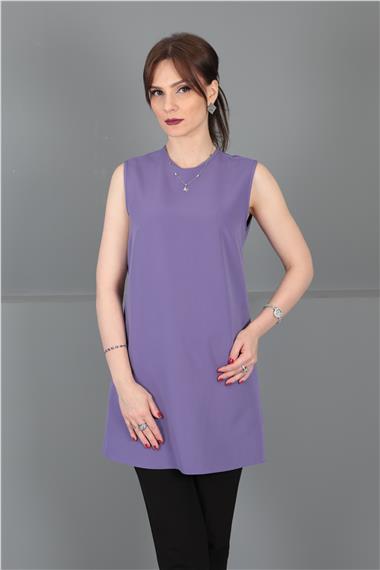 Sıfır Yaka Kolsuz Bluz-Lila