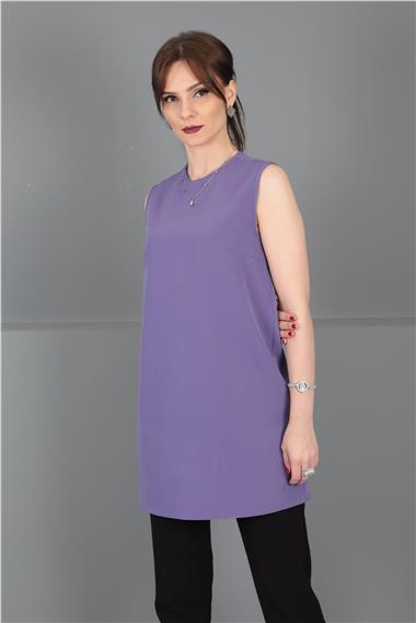 Sıfır Yaka Kolsuz Bluz-Lila
