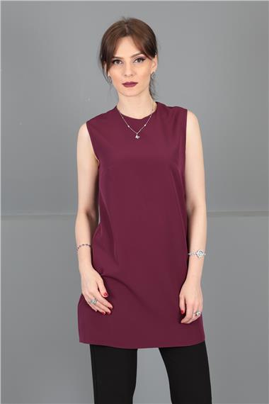 Sıfır Yaka Kolsuz Bluz- Mürdüm