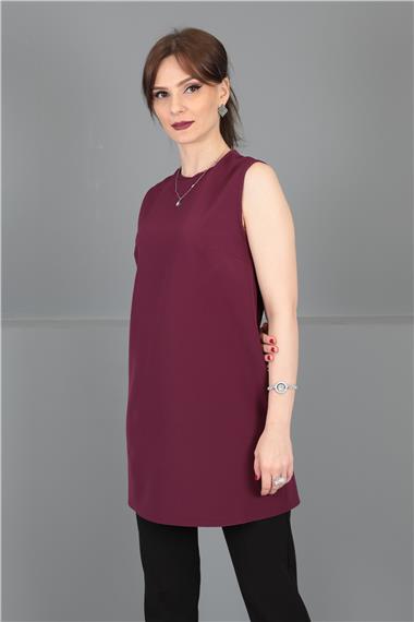 Sıfır Yaka Kolsuz Bluz- Mürdüm