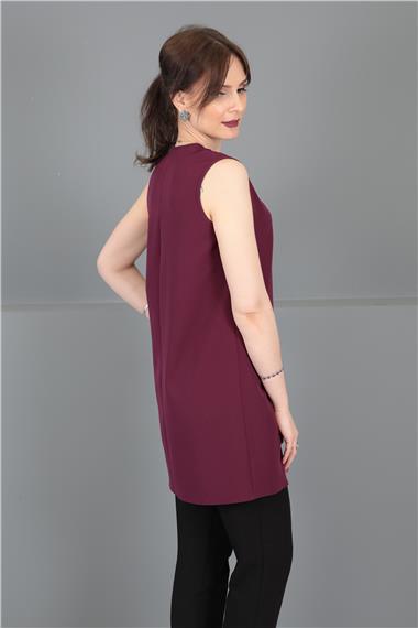 Sıfır Yaka Kolsuz Bluz- Mürdüm