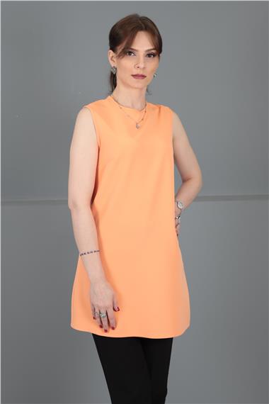 Sıfır Yaka Kolsuz Bluz-Şeftali