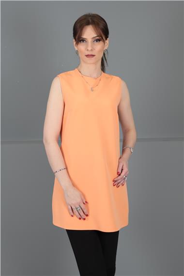 Sıfır Yaka Kolsuz Bluz-Şeftali