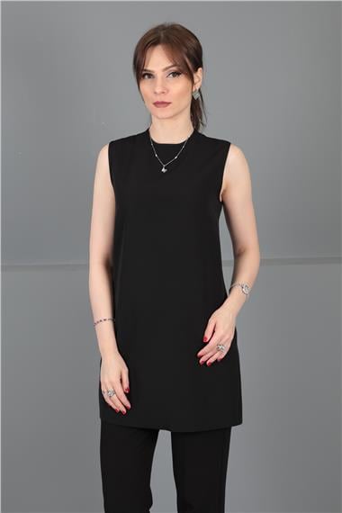 Sıfır Yaka Kolsuz Bluz- Siyah