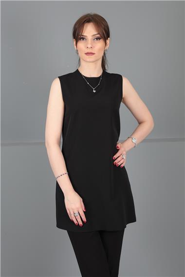 Sıfır Yaka Kolsuz Bluz- Siyah