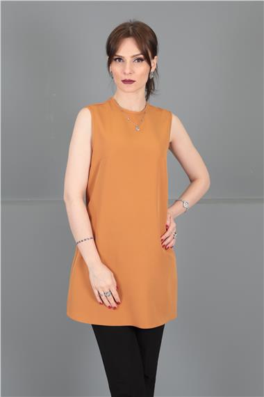 Sıfır Yaka Kolsuz Bluz-Taba