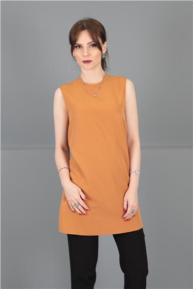 Sıfır Yaka Kolsuz Bluz-Taba