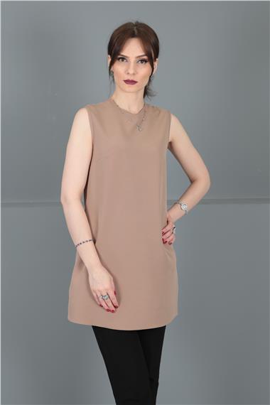 Sıfır Yaka Kolsuz Bluz-Taş