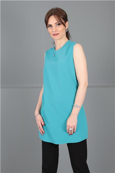 Sıfır Yaka Kolsuz Bluz-Turkuaz