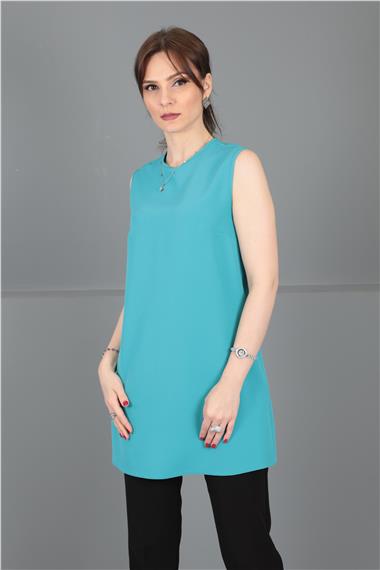 Sıfır Yaka Kolsuz Bluz-Turkuaz