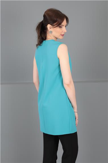 Sıfır Yaka Kolsuz Bluz-Turkuaz