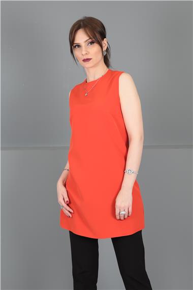 Sıfır Yaka Kolsuz Bluz-Turuncu