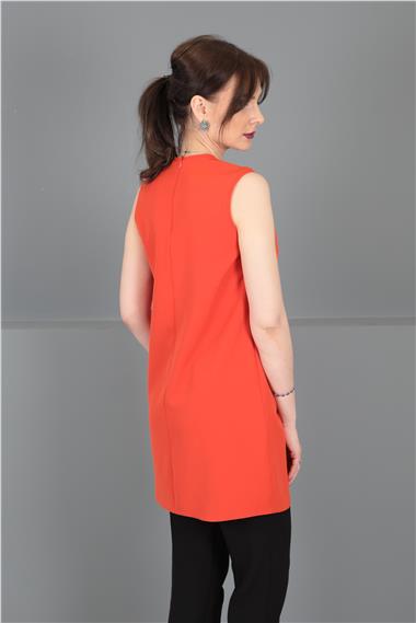 Sıfır Yaka Kolsuz Bluz-Turuncu