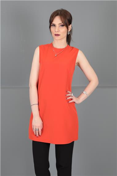 Sıfır Yaka Kolsuz Bluz-Turuncu