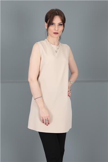 Sıfır Yaka Kolsuz Bluz-Vizon