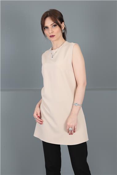 Sıfır Yaka Kolsuz Bluz-Vizon