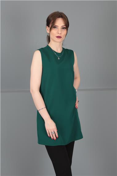 Sıfır Yaka Kolsuz Bluz-Zümrüt