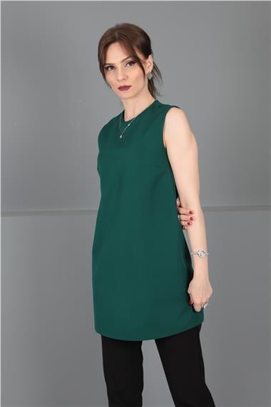 Sıfır Yaka Kolsuz Bluz-Zümrüt