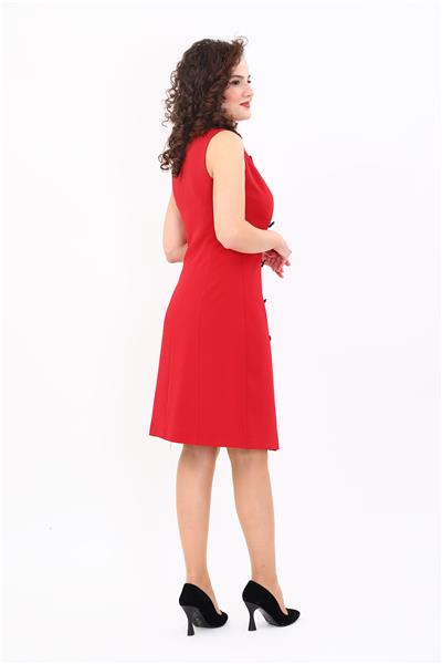 Sıfır Kol Kruvaze Kadın Ceket Elbise-Kırmızı