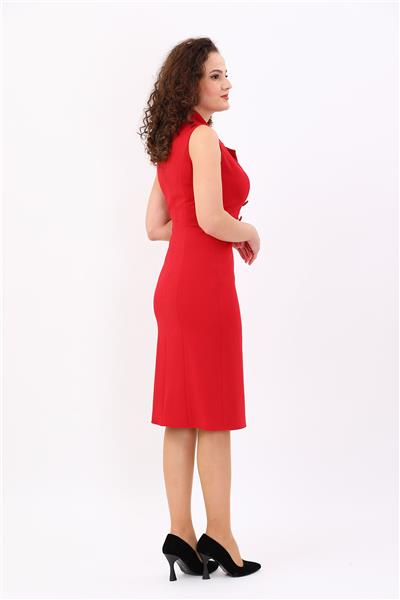 Sıfır Kol Süs Düğmeli Kadın Kalem Elbise-Kırmızı