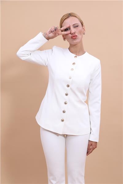 Sıfır Yaka Boydan Düğmeli Ceket-Beyaz