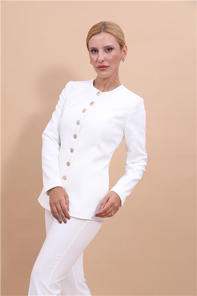 Sıfır Yaka Boydan Düğmeli Ceket-Beyaz