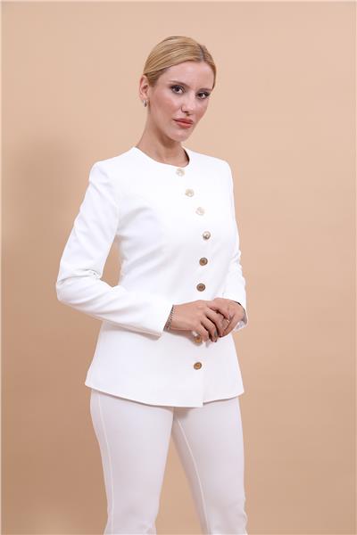 Sıfır Yaka Boydan Düğmeli Ceket-Beyaz