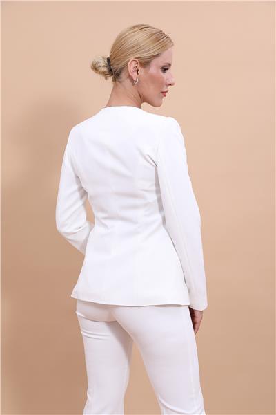 Sıfır Yaka Boydan Düğmeli Ceket-Beyaz