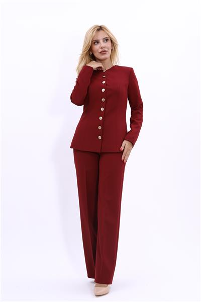 Sıfır Yaka Boydan Düğmeli Ceket & Bol Paça Pantolon-Bordo