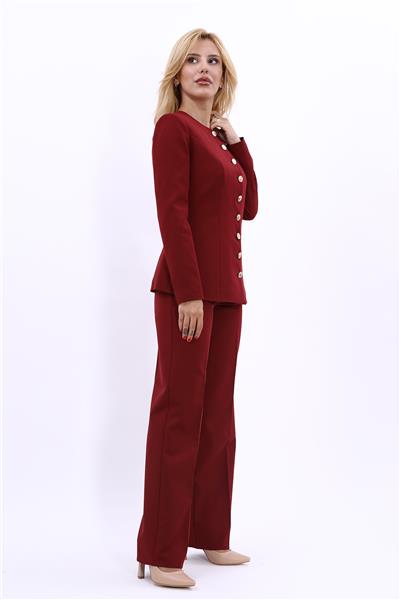 Sıfır Yaka Boydan Düğmeli Ceket & Bol Paça Pantolon-Bordo
