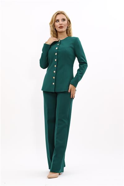 Sıfır Yaka Boydan Düğmeli Ceket & Bol Paça Pantolon-Zümrüt