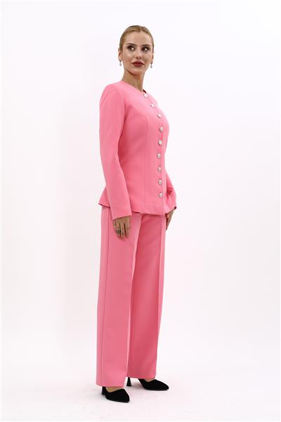 Sıfır Yaka Boydan Düğmeli Ceket & Bol Paça Pantolon-Pembe