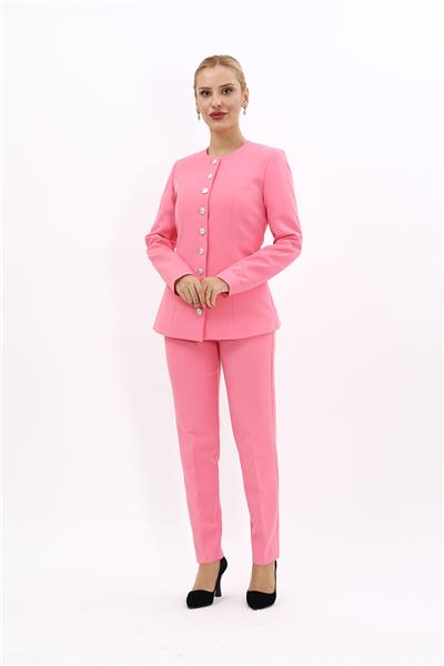 Sıfır Yaka Boydan Düğmeli Ceket & Dar Paça Pantolon-Pembe