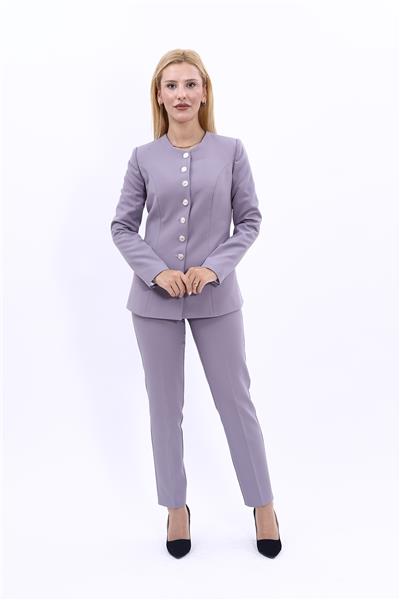 Sıfır Yaka Boydan Düğmeli Ceket & Dar Paça Pantolon-Antrasit