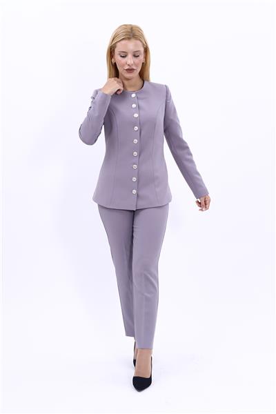 Sıfır Yaka Boydan Düğmeli Ceket & Dar Paça Pantolon-Antrasit
