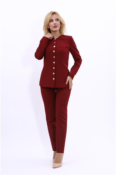 Sıfır Yaka Boydan Düğmeli Ceket & Dar Paça Pantolon-Bordo