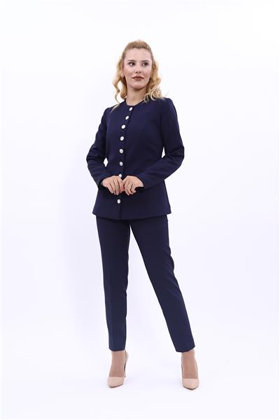 Sıfır Yaka Boydan Düğmeli Ceket & Dar Paça Pantolon-Lacivert