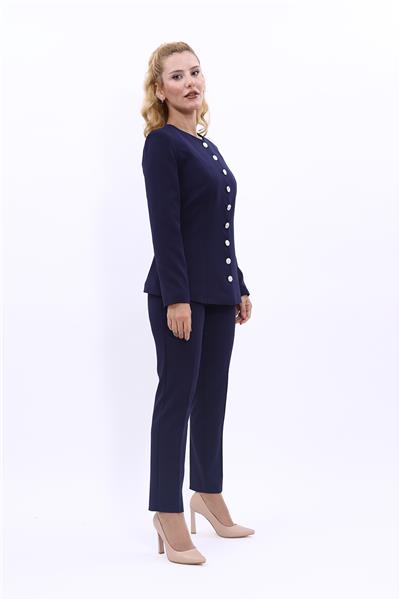 Sıfır Yaka Boydan Düğmeli Ceket & Dar Paça Pantolon-Lacivert