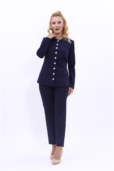 Sıfır Yaka Boydan Düğmeli Ceket & Dar Paça Pantolon-Lacivert