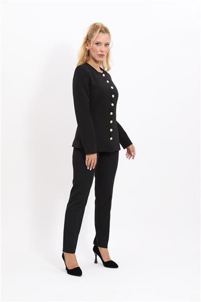 Sıfır Yaka Boydan Düğmeli Ceket & Dar Paça Pantolon-Siyah