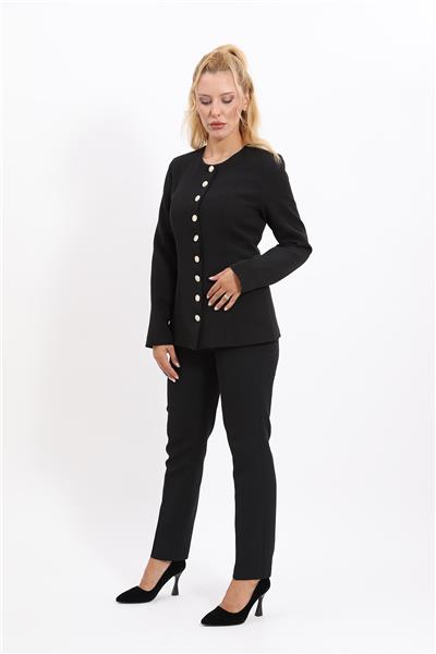 Sıfır Yaka Boydan Düğmeli Ceket & Dar Paça Pantolon-Siyah
