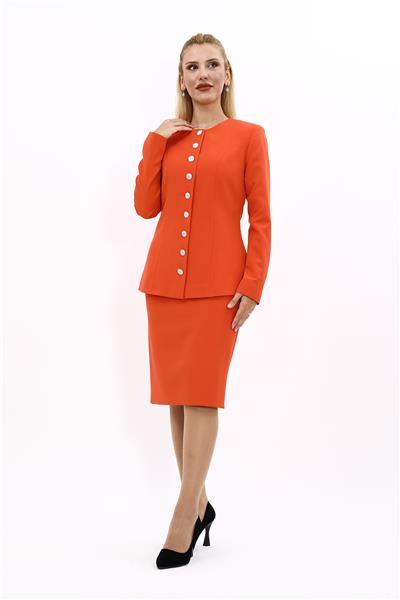 Sıfır Yaka Boydan Düğmeli Ceket & Düz Dar Etek-Turuncu