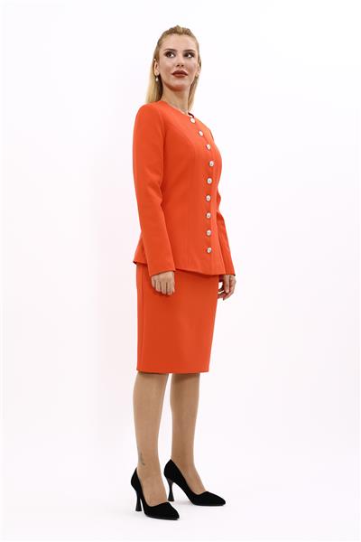 Sıfır Yaka Boydan Düğmeli Ceket & Düz Dar Etek-Turuncu