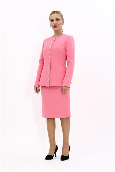 Sıfır Yaka Boydan Düğmeli Ceket & Düz Dar Etek-Pembe